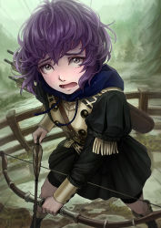 Rule 34 | 1girl, arrow (projectile), bad id, bad pixiv id, bernadetta von varley, bow (weapon), fence, fire emblem, fire emblem: three houses, garreg mach monastery uniform, grey eyes, holding, holding bow (weapon), holding weapon, hood, hood down, kazuko (towa), long sleeves, nintendo, open mouth, outdoors, purple hair, quiver, short hair, solo, tree, uniform, weapon, wooden fence