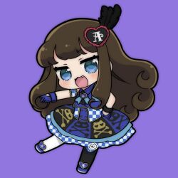 Rule 34 | 1girl, :d, asymmetrical legwear, blue dress, blue eyes, blue footwear, blush, brown hair, chibi, chii (chi pppuri), collared dress, commentary request, dress, fang, full body, hair ornament, hand on own hip, heart, heart hands, highres, kurosu aroma, long hair, looking at viewer, mismatched legwear, open mouth, pretty series, print dress, pripara, purple background, shoes, simple background, skull print, smile, solo, standing