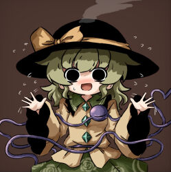 Rule 34 | 1girl, black eyes, black hat, blouse, blush, bow, brown background, buttons, diamond button, eyeball, flustered, flying sweatdrops, frilled shirt collar, frilled sleeves, frills, green hair, green skirt, hands up, hat, hat bow, hat ribbon, head steam, heart, heart of string, heripantomorrow, komeiji koishi, long sleeves, looking at viewer, medium hair, nose blush, open hands, open mouth, ribbon, shirt, sidelocks, simple background, skirt, smile, solo, third eye, touhou, upper body, waving, wavy hair, wide sleeves, yellow bow, yellow ribbon, yellow shirt