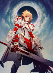 Rule 34 | 1girl, armor, blonde hair, breastplate, clarent (fate), closed mouth, eclipse, fate/apocrypha, fate (series), faulds, from below, gauntlets, green eyes, highres, holding, holding sword, holding weapon, legs apart, looking at viewer, mordred (fate), mordred (fate/apocrypha), pauldrons, ponytail, serious, shoulder armor, sidelocks, solo, standing, sword, wanke, weapon