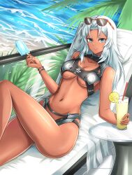 Rule 34 | 1girl, absurdres, bikini, cup, dark-skinned female, dark skin, drinking glass, drinking straw, elma (xenoblade x), fgsketch, food, highres, ice cream, looking at viewer, outdoors, solo, sunglasses, sunglasses on head, swimsuit, white hair, xenoblade chronicles (series), xenoblade chronicles x