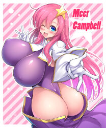 Rule 34 | 1girl, ass, blue eyes, blush, breasts, c.r., covered erect nipples, gloves, gundam, gundam seed, gundam seed destiny, hair ornament, highleg, highleg leotard, highres, huge breasts, impossible clothes, impossible leotard, leotard, long hair, looking at viewer, meer campbell, multicolored leotard, one eye closed, open mouth, pink hair, purple leotard, smile, solo, star (symbol), star hair ornament, thong leotard, white gloves, white leotard