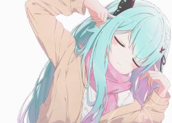 Rule 34 | 1girl, aqua hair, black ribbon, blush, brown jacket, butterfly hair ornament, buttons, closed eyes, closed mouth, facing viewer, fingers to head, gradient hair, hair ornament, hair ribbon, head tilt, highres, hololive, jacket, long hair, long sleeves, multicolored hair, pink hair, red scarf, ribbon, scarf, shirt, simple background, solo, tppo, upper body, uruha rushia, uruha rushia (school uniform), virtual youtuber, white background, white shirt