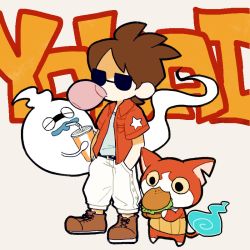 Rule 34 | 10s, 1boy, amano keita, blue lips, brown hair, blowing bubbles, burger, cat, chewing gum, closed eyes, cup, disposable cup, drinking, drinking straw, eating, food, ghost, hands in pockets, haramaki, jacket, jibanyan, kuri (shibimame), notched ear, open clothes, open jacket, shoes, short hair, simple background, standing, sunglasses, traditional youkai, whisper (youkai watch), white background, youkai watch, youkai watch 3