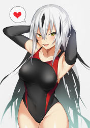 Rule 34 | 1girl, alternate costume, armpits, arms behind head, arms up, black gloves, black hair, black one-piece swimsuit, breasts, competition swimsuit, covered navel, cowboy shot, danimaru, elbow gloves, fate/grand order, fate (series), gloves, hair between eyes, heart, highleg, highleg swimsuit, highres, long hair, medium breasts, multicolored clothes, multicolored hair, multicolored swimsuit, nagao kagetora (fate), one-piece swimsuit, red one-piece swimsuit, solo, speech bubble, spoken heart, streaked hair, swimsuit, two-tone hair, very long hair, white hair, yellow eyes