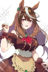 Rule 34 | 1girl, animal ears, apron, arm garter, ascot, bare shoulders, blush, breasts, brown dress, brown hair, candy, chocolate, chocolate heart, cosplay, dress, food, hairband, hand up, heart, highres, holding, holding chocolate, holding food, horse ears, kusanagi kaoru, large breasts, long hair, looking at viewer, mihono bourbon (code:glassage) (umamusume), mihono bourbon (umamusume), mihono bourbon (umamusume) (cosplay), multicolored hair, open mouth, red ascot, red eyes, skirt hold, sleeveless, sleeveless dress, smile, solo, sparkle, streaked hair, symboli rudolf (umamusume), teeth, umamusume, upper body, upper teeth only, waist apron, wrist cuffs