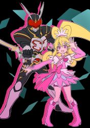 Rule 34 | 1boy, 1girl, aida mana, asdge23, bike shorts, bike shorts under skirt, blonde hair, boots, bow (weapon), brooch, company connection, crossover, cure heart, dokidoki! precure, dress, heart, heart brooch, high ponytail, highres, holding, holding bow (weapon), holding weapon, kamen rider, kamen rider blade (series), kamen rider chalice, knee boots, open mouth, pink dress, pink eyes, pink footwear, pink shorts, pink sleeves, precure, shorts, smile, weapon