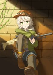 Rule 34 | 1girl, assault rifle, black pantyhose, blush, boots, brown footwear, brown hat, closed mouth, fn scar, goggles, goggles on headwear, green eyes, gun, habu., hat, highres, long sleeves, looking at viewer, military, mole, mole under eye, original, pantyhose, rifle, short hair, signature, sitting, solo, weapon, white hair