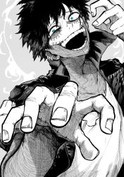 Rule 34 | 1boy, absurdres, blue eyes, boku no hero academia, burn scar, cheek piercing, dabi (boku no hero academia), ear piercing, fire, greyscale, hands up, highres, jacket, looking at viewer, male focus, monochrome, multiple scars, open mouth, piercing, scar, shirt, short hair, solo, spot color, staple, stapled, stitches, yotsumi shiro