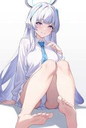 Rule 34 | 1girl, akagi (user khgu7328), barefoot, blue archive, blue necktie, collared shirt, feet, halo, highres, long hair, long sleeves, looking at viewer, necktie, noa (blue archive), panties, parted lips, purple eyes, shirt, simple background, sitting, skirt, smile, soles, solo, toes, underwear, white background, white hair, white panties, white shirt, white skirt