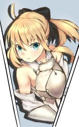 Rule 34 | 1girl, ahoge, armor, armored dress, artoria pendragon (fate), blonde hair, blue eyes, detached sleeves, fate/stay night, fate/unlimited codes, fate (series), hair ribbon, highres, i.f.s.f, ribbon, saber (fate), saber lily, smile, solo, type-moon