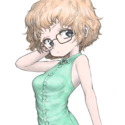 Rule 34 | 1girl, arm behind head, bare arms, black eyes, blonde hair, breasts, buttons, collared shirt, expressionless, glasses, gobori, green shirt, looking at viewer, medium breasts, original, shirt, short hair, simple background, sleeveless, sleeveless shirt, solo, upper body, white background