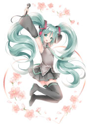 Rule 34 | 1girl, armpits, arms up, bad id, bad pixiv id, detached sleeves, flower, green eyes, green hair, hatsune miku, headphones, heart, jumping, long hair, looking at viewer, matching hair/eyes, microphone, necktie, skirt, solo, thighhighs, twintails, very long hair, vocaloid, wataame27, white background