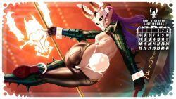 Rule 34 | 1girl, animal ears, armor, ass, boots, border, breasts, brown thighhighs, calendar (medium), copyright request, demon horns, facial mark, fake animal ears, fake tail, from behind, glowing, glowing eyes, heart pasties, high heels, highres, holding, holding weapon, horns, long hair, mask, medium breasts, panties, pasties, purple hair, rabbit ears, rabbit tail, solo, spiked, tail, themaestronoob, thighhighs, underwear, weapon, whisker markings, white border, white panties, white pasties