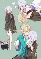 Rule 34 | 1boy, 1girl, aqua shirt, aventurine (honkai: star rail), bare legs, black shirt, blonde hair, blue shirt, blush, borrowed clothes, breasts, brown shirt, camisole, cleavage, closed mouth, coffee mug, collarbone, collared shirt, colored inner hair, commentary request, couple, cup, drinking, green background, hand on another&#039;s hip, head on hand, heart, hetero, highres, honey toudou, honkai: star rail, honkai (series), large breasts, long sleeves, looking at another, lying, messy hair, mug, multicolored hair, multiple views, numby (honkai: star rail), on back, on stomach, open collar, purple camisole, purple eyes, red hair, shirt, short hair, simple background, sitting, sleeves past fingers, sleeves past wrists, smile, streaked hair, topaz (honkai: star rail), trotter (honkai: star rail), twitter username, walking, white hair, wide sleeves, yawning