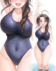Rule 34 | 1girl, absurdres, antenna hair, blue one-piece swimsuit, breasts, brown eyes, brown hair, cleavage, commentary request, commission, covered navel, highleg, highleg swimsuit, highres, kibihimi, large breasts, long hair, love hina, one-piece swimsuit, otohime mutsumi, pixiv commission, school swimsuit, simple background, soaking feet, solo, swimsuit, wading, water, white background, zoom layer