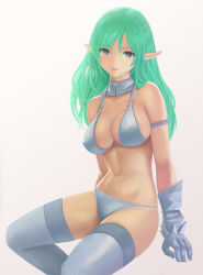 Rule 34 | 1girl, armor, bikini armor, blue eyes, breasts, cleavage, gloves, green hair, kanzeon, large breasts, long hair, looking at viewer, navel, o-ring, o-ring top, original, parted lips, pointy ears, sitting, skindentation, smile, solo, thighhighs