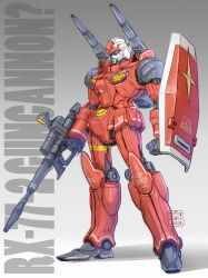 Rule 34 | absurdres, beam rifle, character name, commentary request, earth federation space forces, emblem, energy gun, gradient background, guncannon, gundam, highres, machinery, maeda hiroyuki, mecha, mobile suit, mobile suit gundam, no humans, original, redesign, robot, roundel, science fiction, shadow, shield, shoulder cannon, signature, weapon
