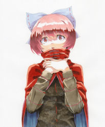 Rule 34 | 1girl, black shirt, blue bow, blue cape, bow, cape, commentary request, hair bow, hands on own neck, highres, long sleeves, looking at viewer, marker (medium), open mouth, red cape, red eyes, red hair, ribbon-trimmed bow, sekibanki, shiratama (hockey), shirt, short hair, simple background, solo, touhou, traditional media, two-tone cape, upper body, white background