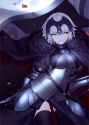 Rule 34 | 1girl, armor, armored dress, artist name, black thighhighs, breasts, breasts apart, cape, eyebrows, fate/apocrypha, fate/grand order, fate (series), highres, holding, holding weapon, jeanne d&#039;arc (fate), jeanne d&#039;arc alter (avenger) (fate), jeanne d&#039;arc alter (avenger) (first ascension) (fate), jeanne d&#039;arc alter (fate), lanzi (415460661), large breasts, looking at viewer, petals, short hair, silver hair, smile, solo, sword, thighhighs, weapon, yellow eyes
