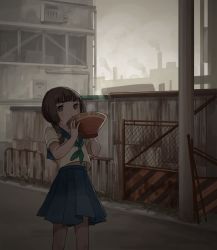 Rule 34 | 1girl, bowl, city, female focus, looking at viewer, original, outdoors, pleated skirt, pout, school uniform, short hair, skirt, solo, standing, tensen (dotted line)