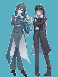 Rule 34 | 1girl, ado (utaite), black bow, black bowtie, black coat, black hair, black pants, blue background, blue eyes, blue flower, blue hair, blue rose, bow, bowtie, chando (ado), closed mouth, cloud nine inc, coat, collaboration, collared shirt, colored inner hair, commentary request, dress shirt, flower, flower brooch, full body, gloves, grey gloves, grey shirt, heart, heart hands, heart hands duo, highres, long hair, long sleeves, looking at viewer, mole, mole under eye, multicolored hair, open clothes, open coat, outline, pants, rose, shirt, sidelocks, simple background, solo, standing, twitter username, two-tone hair, urushi (urushi art), utaite, white gloves, white outline, white shirt, yurosuke
