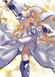 Rule 34 | 1girl, absurdres, arm up, armor, blonde hair, blue eyes, breasts, chain, collar, dress, elbow gloves, fate/apocrypha, fate (series), faulds, flag, gauntlets, gloves, headpiece, highres, huge filesize, jeanne d&#039;arc (fate), jeanne d&#039;arc (ruler) (fate), jeanne d&#039;arc (third ascension) (fate), jikatarou, large breasts, long hair, metal collar, open mouth, plackart, thighhighs, thighs, very long hair, white dress