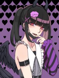 Rule 34 | 1girl, arm warmers, bare shoulders, belt, black belt, black hair, black mask, black wings, blunt bangs, blush, collar, commentary request, cyril m45, demon horns, denonbu, fake horns, hair ornament, heart, highres, horns, long hair, looking at viewer, mask, mask pull, mouth mask, official alternate costume, open mouth, purple background, red eyes, reml, smile, solo, surgical mask, twintails, upper body, white collar, wings, x hair ornament