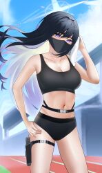 Rule 34 | 1girl, absurdres, aetlight, blue archive, blue eyes, breasts, crop top, gym shorts, gym uniform, highres, long hair, mask, medium breasts, midriff, mouth mask, multicolored hair, navel, saori (blue archive), shorts, sports bra, stomach, two-tone hair, white hair