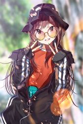Rule 34 | 1girl, black headwear, black jacket, blurry, blurry background, brown eyes, brown hair, clothes writing, cowboy shot, depth of field, double v, fingernails, glasses, highres, idolmaster, idolmaster shiny colors, jacket, lens flare, long fingernails, long hair, long sleeves, looking at viewer, looking over eyewear, looking over glasses, multicolored nails, nail polish, osaki amana, parted lips, partially unzipped, red shirt, round eyewear, shirt, sleeves past wrists, smile, solo, straight hair, sunglasses, swept bangs, tinted eyewear, v, very long hair, yae (mono110), yellow-tinted eyewear, yellow-tinted glasses