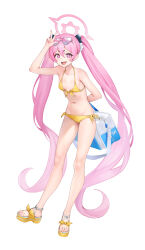 Rule 34 | 1girl, alternate costume, arm behind back, arm up, bag, bare arms, bare legs, bare shoulders, bikini, blue archive, breasts, cross-shaped pupils, eyewear on head, fang, full body, hair between eyes, halo, heart, heart-shaped eyewear, highres, holding, holding bag, koyuki (blue archive), long hair, looking at viewer, navel, open mouth, pink-tinted eyewear, pink eyes, pink hair, pink halo, platform footwear, rity, sandals, simple background, skin fang, small breasts, smile, solo, sunglasses, swimsuit, symbol-shaped pupils, tinted eyewear, toes, twintails, v-shaped eyebrows, very long hair, w, white background, yellow bikini, yellow footwear