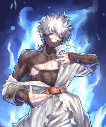 Rule 34 | abstract background, belt, boku no hero academia, dabi (boku no hero academia), earrings, ekrea jan, highres, jewelry, male focus, spiked hair, stitched face, stitched hand, stitched torso, stitches, torn clothes, white hair