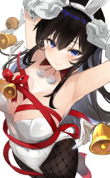 Rule 34 | 1girl, absurdres, bell, black hair, blue eyes, blush, breasts, christmas, cleavage, closed mouth, detached collar, gloves, high heels, highres, large breasts, leotard, looking at viewer, looking up, original, playboy bunny, ribbon, simple background, smile, solo, tomochi (tmc tmc8), white background, white gloves