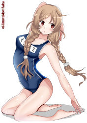 Rule 34 | 1girl, absurdres, alternate costume, arms behind back, blue one-piece swimsuit, braid, breasts, brown eyes, cloud hair ornament, eyebrows, forehead, highres, himura moritaka, kantai collection, light brown hair, long hair, looking at viewer, low twin braids, medium breasts, minegumo (kancolle), name tag, old school swimsuit, one-hour drawing challenge, one-piece swimsuit, open mouth, school swimsuit, shadow, simple background, sitting, solo, swimsuit, twin braids, twitter username, wariza, white background