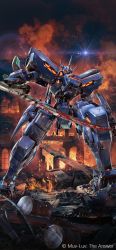 Rule 34 | blood, broken, building, city, commentary request, copyright name, debris, destruction, highres, holding, holding weapon, muv-luv: dimensions, mecha, muv-luv, muv-luv alternative, night, night sky, no humans, outdoors, robot, rubble, ruins, science fiction, sky, star (sky), sword, tactical surface fighter, tani (tanidesuyo), weapon