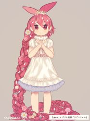 Rule 34 | 1girl, absurdly long hair, artist name, braid, braided ponytail, flaky (happy tree friends), flower, hair between eyes, hair flower, hair ornament, happy tree friends, kab00m chuck, long hair, looking at viewer, multiple braids, own hands clasped, own hands together, red eyes, red hair, simple background, solo, standing, translation request, very long hair