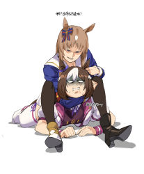 Rule 34 | 2girls, absurdres, animal ears, ankle boots, asymmetrical footwear, blue jacket, boots, bow, braid, brown hair, camel clutch, chinese text, ear bow, ear ribbon, french braid, grass wonder (umamusume), high heel boots, high heels, highres, horse ears, horse girl, jacket, long hair, long sleeves, multiple girls, neck ribbon, out of character, profanity, puffy short sleeves, puffy sleeves, purple ribbon, ribbon, ruukii drift, shaded face, short hair, short sleeves, simplified chinese text, special week (umamusume), translated, umamusume, white hair, white jacket, wrestling