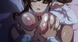 Rule 34 | 1boy, 1girl, animated, animated gif, bed, blush, breast hold, breasts, breasts out, breasts squeezed together, brown hair, censored, grabbing, grabbing another&#039;s breast, green eyes, hetero, jashin shoukan -inran kyonyuu oyako ikenie gishiki-, large breasts, lying, minamoto (mutton), mosaic censoring, munakata nakoto, nipples, on back, on bed, open clothes, open mouth, open shirt, paizuri, penis, shiny skin, shirt, straddling, straddling paizuri, teeth, twintails, white shirt