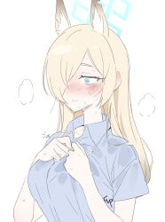 Rule 34 | 1girl, animal ears, blonde hair, blue archive, blue eyes, blue shirt, blush, breasts, buttoning, closed mouth, collarbone, collared shirt, commentary request, constricted pupils, dog ears, ear blush, embarrassed, extra ears, fpanda, halo, highres, hot, kanna (blue archive), long bangs, medium breasts, nervous sweating, nose blush, ringed eyes, shirt, sketch, solo, sweat, swept bangs, tareme, upper body, wavy mouth