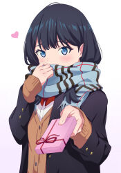 Rule 34 | 1girl, black hair, black jacket, blue eyes, blush, cardigan, coat, commentary request, covered mouth, enpera, gift, gridman universe, heart, highres, holding, holding gift, incoming gift, jacket, looking at viewer, open clothes, open jacket, scarf, scarf over mouth, school uniform, short hair, simple background, solo, ssss.gridman, sweater, syunfumi, takarada rikka, upper body, white background