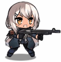 Rule 34 | 1girl, :d, animated, animated gif, chibi, full body, girls&#039; frontline, gun, hair ornament, hairclip, lowres, m590 (girls&#039; frontline), open mouth, pump action, shield module, shotgun, silver hair, simple background, smile, weapon, white background, yellow eyes