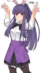 Rule 34 | 1girl, animal ears, arms up, asagami fujino, asagami fujino (second ascension), black bow, black pantyhose, black skirt, blush, bow, breasts, commentary request, copyright request, fate/grand order, fate (series), feet out of frame, frown, hair ornament, hair scrunchie, heart, kara no kyoukai, large breasts, long hair, looking at viewer, pantyhose, ponytail, purple hair, rabbit ears, red eyes, school uniform, scrunchie, shirt, shiseki hirame, simple background, skirt, solo, translation request, white background, white shirt