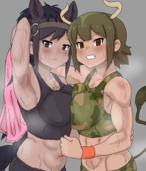 Rule 34 | 2girls, abs, absurdres, animal ears, arm around shoulder, arm around waist, arm behind head, arm up, armpits, aurochs (kemono friends), black hair, black sports bra, breast press, breasts, bridle, brown eyes, brown hair, brown thoroughbred (kemono friends), camouflage, collarbone, cow ears, cow girl, cow horns, dark-skinned female, dark skin, empty eyes, extra ears, green hair, grey background, grin, hand on another&#039;s back, highres, holding, holding towel, horizontal pupils, horns, horse ears, horse girl, horse tail, japan racing association, kemono friends, kumasyan1998, large breasts, long hair, looking at viewer, medium hair, multicolored hair, multiple girls, parted bangs, parted lips, pink towel, print sports bra, simple background, smile, sports bra, sportswear, steaming body, stomach, sweat, symmetrical docking, tail, tan, toned, towel, two-tone hair, upper body