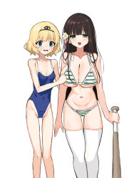 2girls :d absurdres alternate_costume arm_hug bare_arms bare_legs bare_shoulders baseball_bat bfmelu bikini black_hair blonde_hair blue_one-piece_swimsuit blunt_bangs blush breasts cleavage_cutout clothing_cutout collarbone commentary feet_out_of_frame flower gluteal_fold gochuumon_wa_usagi_desu_ka? green_eyes hair_flower hair_ornament highleg highleg_one-piece_swimsuit highres holding holding_baseball_bat huge_breasts kirima_syaro long_hair looking_at_viewer multiple_girls navel nervous one-piece_swimsuit open_mouth short_hair simple_background skindentation small_breasts smile stomach string_bikini striped_bikini striped_clothes swimsuit thigh_gap thighhighs ujimatsu_chiya white_background white_thighhighs