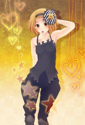 Rule 34 | 1girl, bad id, bad pixiv id, bare shoulders, brown hair, don&#039;t say &quot;lazy&quot;, dress, hairband, k-on!, looking at viewer, nobody studios, pantyhose, short hair, smile, solo, tainaka ritsu, yellow eyes