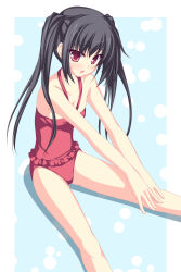 Rule 34 | 00s, 1girl, bad id, bad pixiv id, black hair, blush, flat chest, frilled swimsuit, frills, highres, k-on!, long hair, nakano azusa, one-piece swimsuit, open mouth, red eyes, sitting, solo, swimsuit, tenmaso, twintails