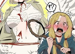 Rule 34 | !?, 2girls, ambrosia (dungeon meshi), blonde hair, blood, blood from mouth, blood on clothes, blue capelet, blue robe, blush, braid, capelet, chimera, choker, dungeon meshi, elf, falin touden, falin touden (chimera), feathered wings, feathers, green eyes, hairband, long hair, marcille donato, meme, meyshi, multiple girls, pointy ears, red choker, red hairband, robe, short hair, spoilers, sweatdrop, taur, twitter username, wings, woman scared of breasts (meme), yuri