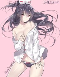 Rule 34 | 1girl, bare shoulders, black hair, black panties, blouse, grabbing another&#039;s breast, breasts, contrapposto, grabbing, groin, hair between eyes, hair ornament, houchi shoujo, large breasts, long hair, looking at viewer, no bra, original, panties, parted lips, pink background, ponytail, red eyes, shirt, simple background, solo, sora 72-iro, standing, unbuttoned, underwear, white shirt