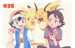 Rule 34 | 2boys, antenna hair, ash ketchum, baseball cap, berry (pokemon), black hair, blue eyes, brown eyes, commentary request, creatures (company), eye contact, eyelashes, fingernails, food, game freak, gen 1 pokemon, goh (pokemon), hand up, hat, holding, holding food, jacket, looking at another, mei (maysroom), multiple boys, nintendo, on shoulder, open mouth, pikachu, pokemon, pokemon (anime), pokemon (creature), pokemon journeys, pokemon on shoulder, raichu, short sleeves, teeth, tongue