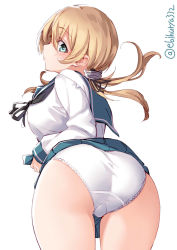 Rule 34 | 1girl, alternate costume, aqua eyes, aqua skirt, ass, blonde hair, breasts, clothes lift, contemporary, cowboy shot, ebifurya, from behind, hair between eyes, highres, kantai collection, leaning forward, lifted by self, lips, long sleeves, looking at viewer, medium breasts, panties, pantyshot, pleated skirt, prinz eugen (kancolle), sailor collar, school uniform, serafuku, short twintails, simple background, skirt, skirt lift, solo, thighs, twintails, twitter username, underwear, uniform, white background, white panties